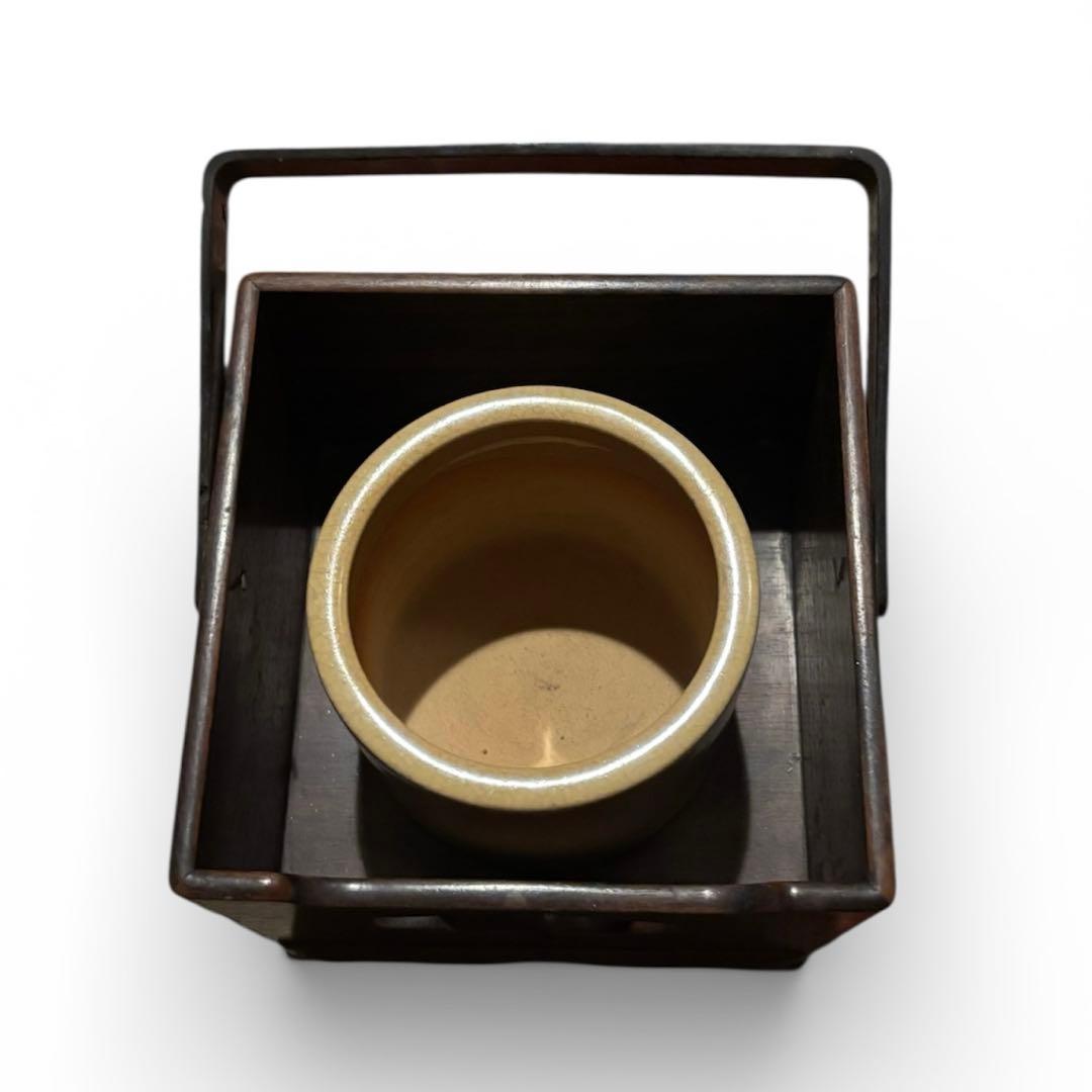 文房紫檀木牛毛紋 細密作 持ち手付き煙草盆 ➕火入れ 茶道具