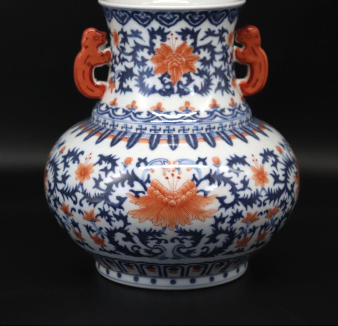 中国 染付ハン紅花卉紋雙耳瓶 大清乾隆年製銘 送料込み0907の通販はau