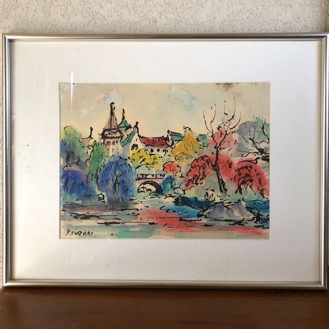 鈴木 康雄 パリの岸辺風景370×278mm 水彩 右上側に染みあります