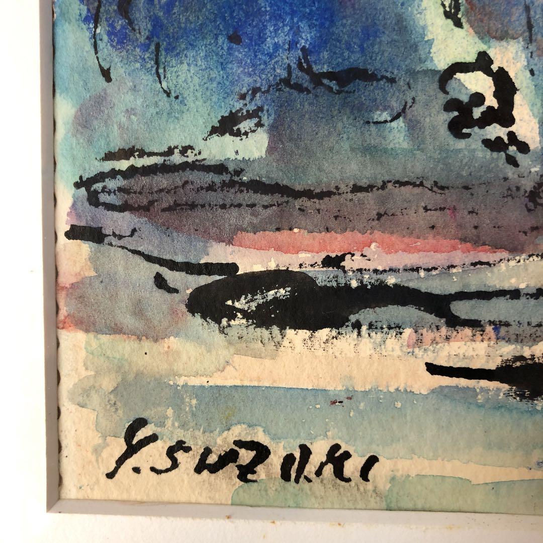 鈴木 康雄 パリの岸辺風景370×278mm 水彩 右上側に染みあります