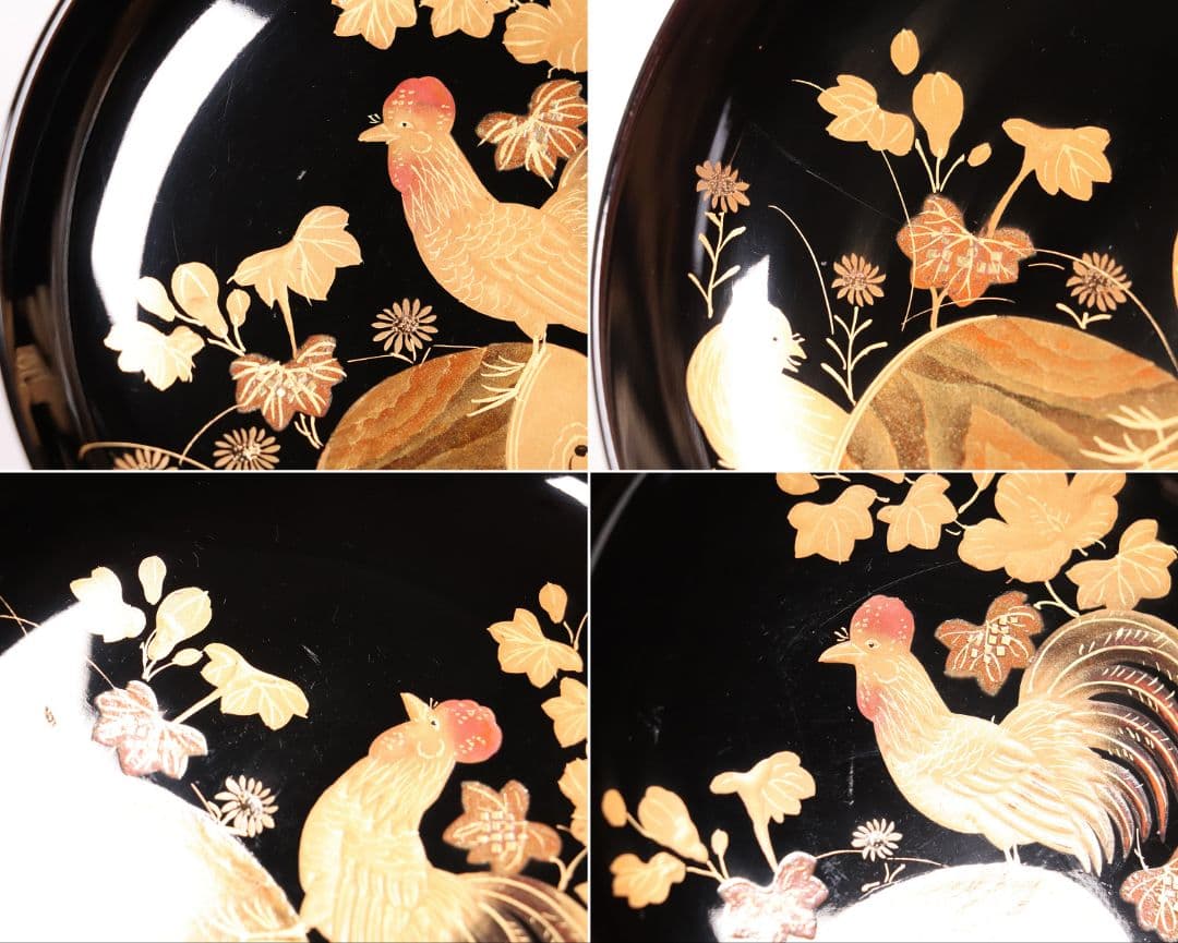 CL37 輪島塗 諫鼓鶏金蒔絵 黒塗椀 五客 木製漆器 鶏 太鼓 草花