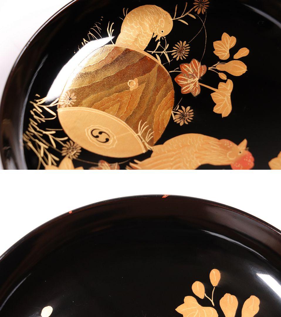 CL37 輪島塗 諫鼓鶏金蒔絵 黒塗椀 五客 木製漆器 鶏 太鼓 草花