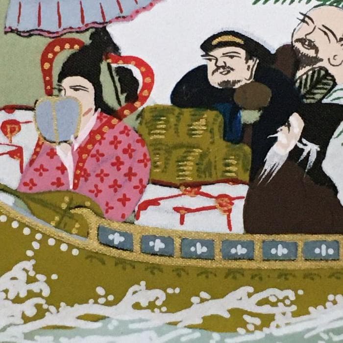 Y 中古 掛け軸 七福神 百鶴之図 紫峰作 鶴 朝日 松 宝船 天皇長寿記念