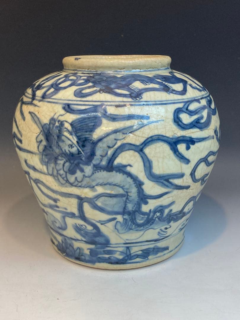 古染付龍獅子紋壷 明時代 中国古陶磁 花瓶