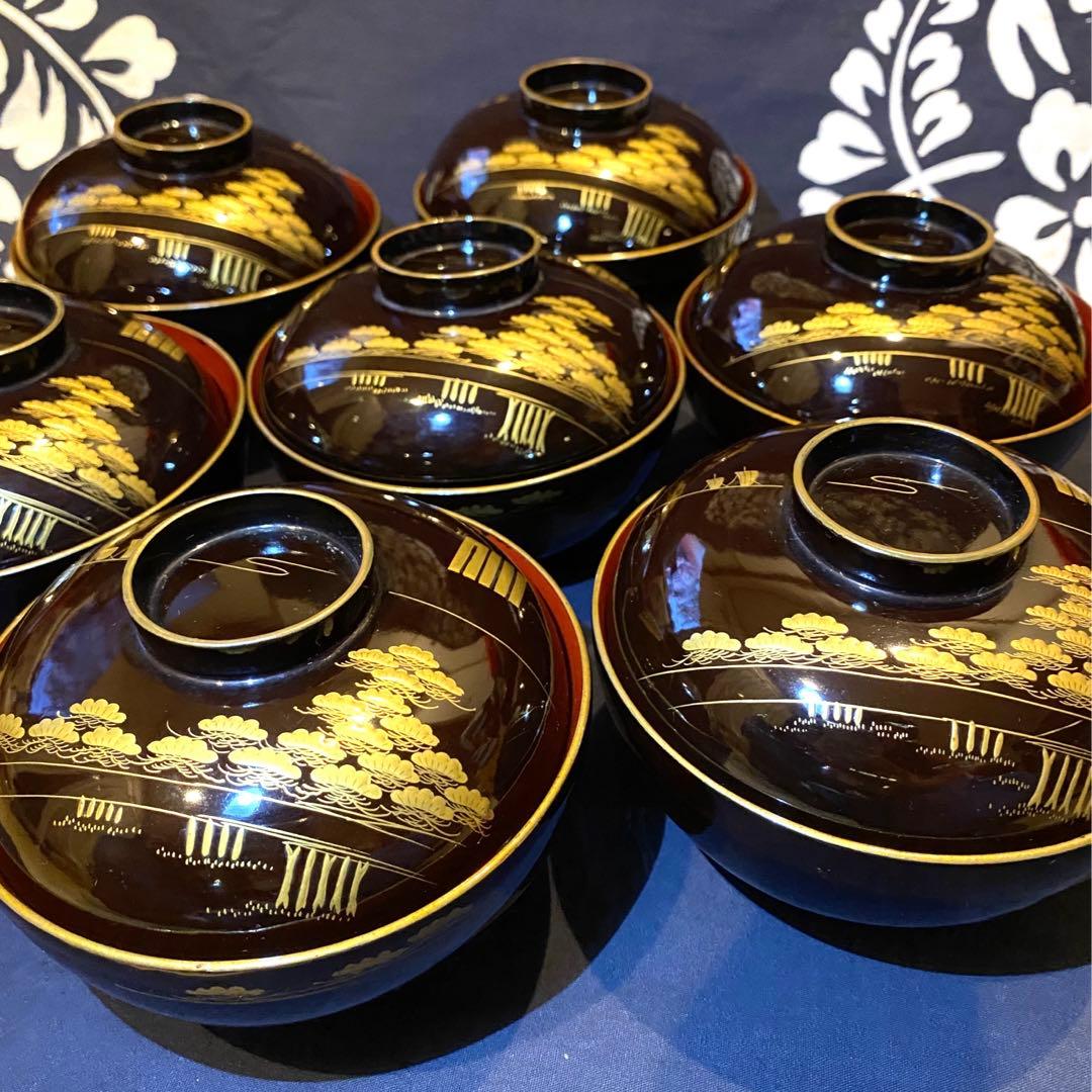 時代物骨董　木製漆器吸物椀七客　蒔絵・黒内朱　源氏物語　松風・葵の上　7客組