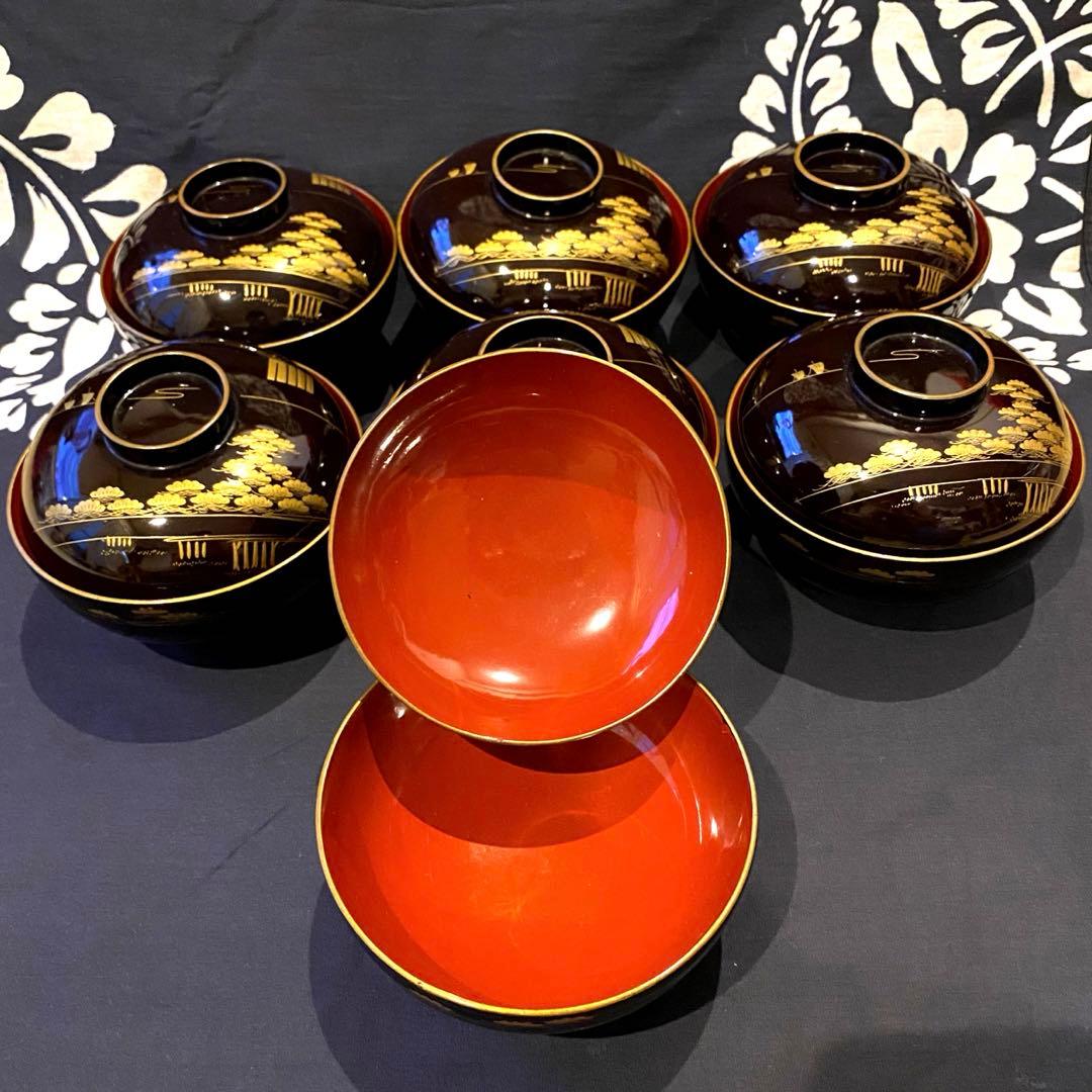 時代物骨董　木製漆器吸物椀七客　蒔絵・黒内朱　源氏物語　松風・葵の上　7客組