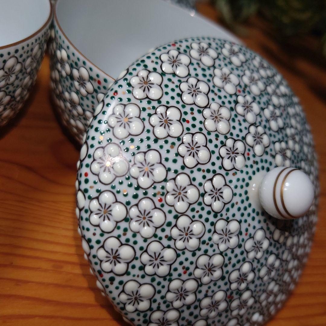 雅秀作 浦川雅秀 有田焼 玉彩 梅詰 茶器揃 急須 蓋付湯呑 4客 計 5点