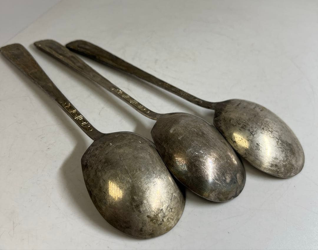 中国古玩　シャム銀　大さじ3点　317g/24.5㎝　東Y7-0630②