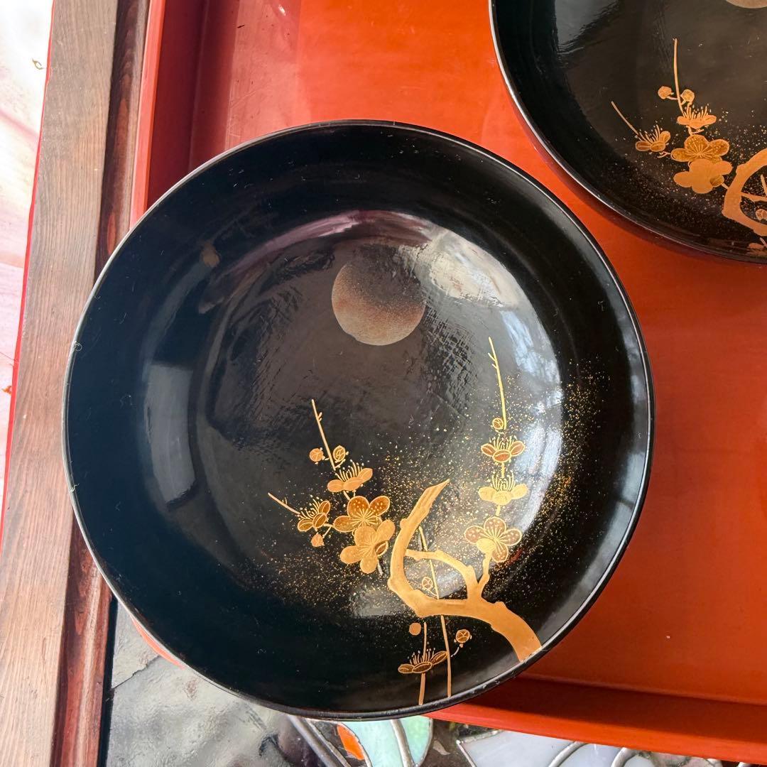 2182様感謝‼️JAPAN明治伏せ蒔絵天然木秘するが花‼️梅に鶯＆月　吸物椀 5客