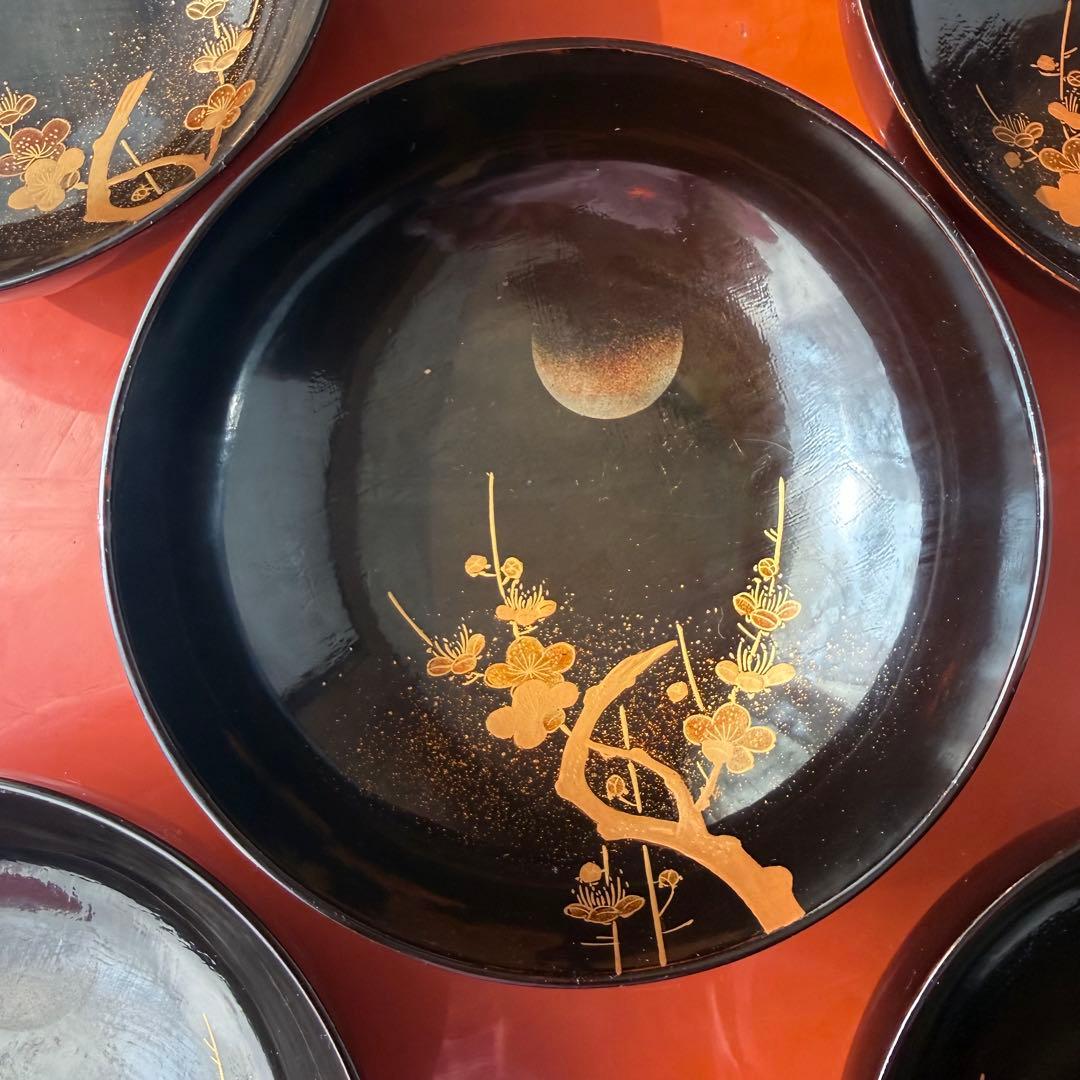 2182様感謝‼️JAPAN明治伏せ蒔絵天然木秘するが花‼️梅に鶯＆月　吸物椀 5客