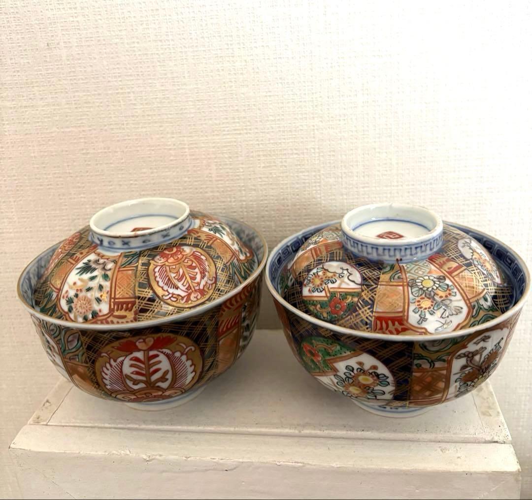古伊万里 蓋付き茶椀 2客セット 幕末〜明治頃 骨董