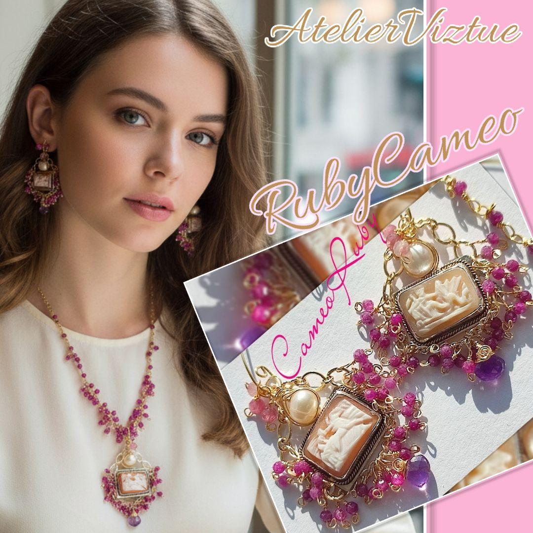 14kgf ルビー イタリア製カメオ ピンクトパーズピアス 贈り物