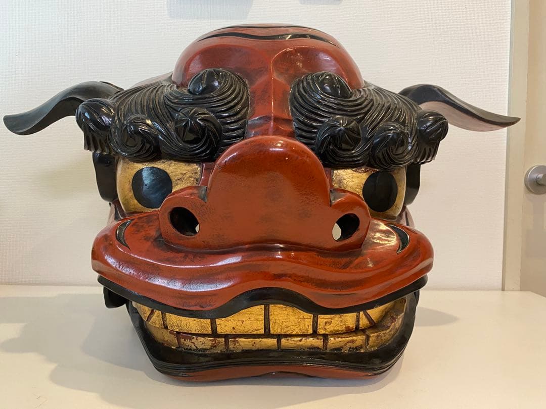 獅子舞 獅子頭 赤黒木製