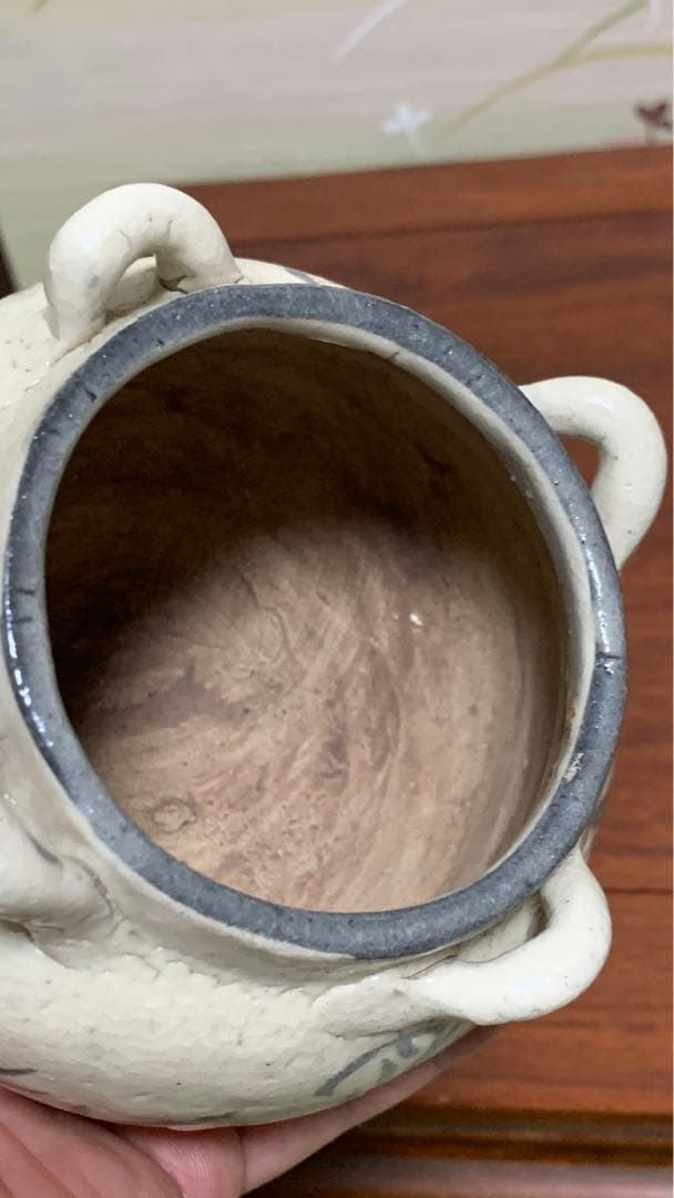 李朝？ 中国？ アンティーク白磁四耳草花紋壺 花瓶 美術品