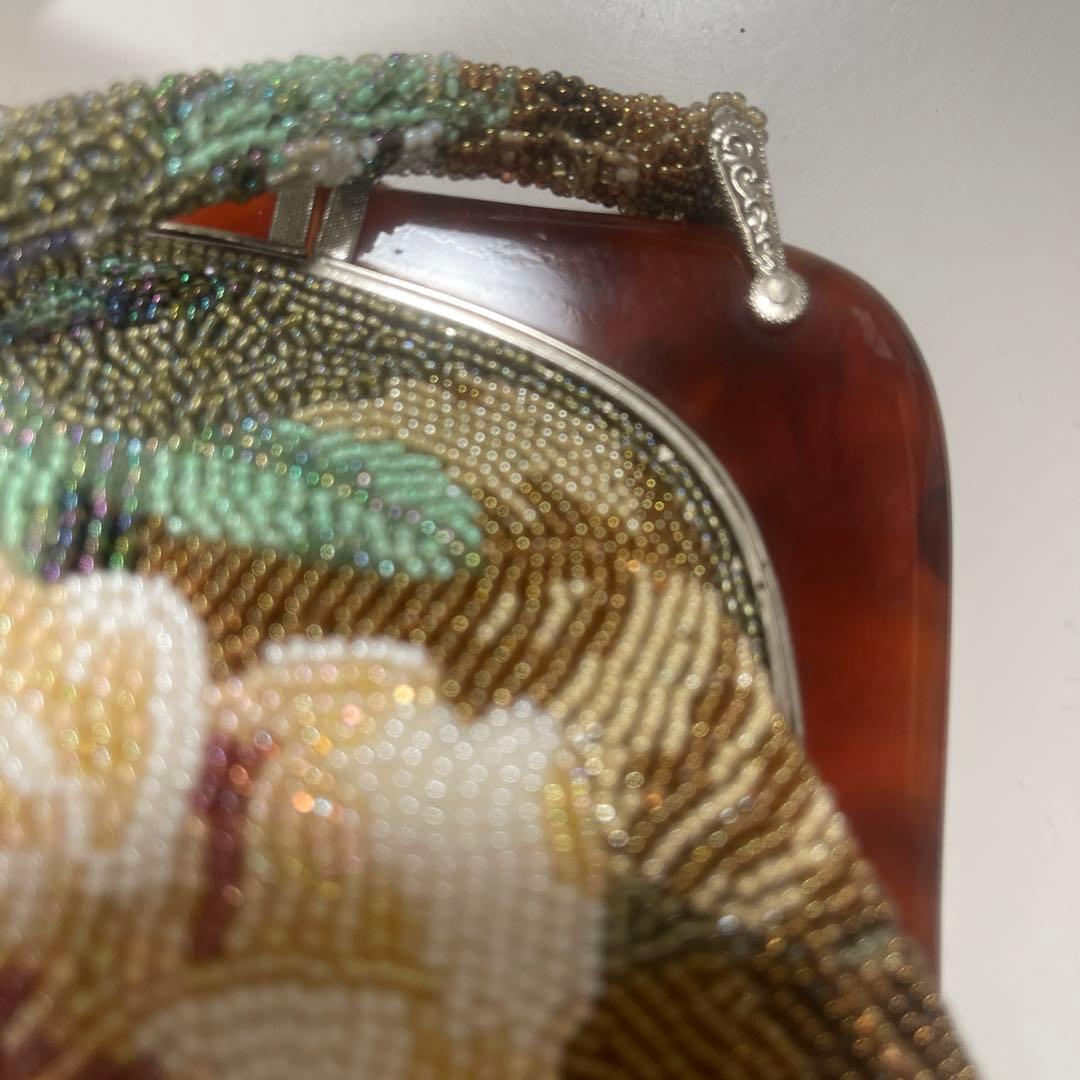 美品 総ビーズ ハンドバッグ 花柄 べっ甲　浴衣や