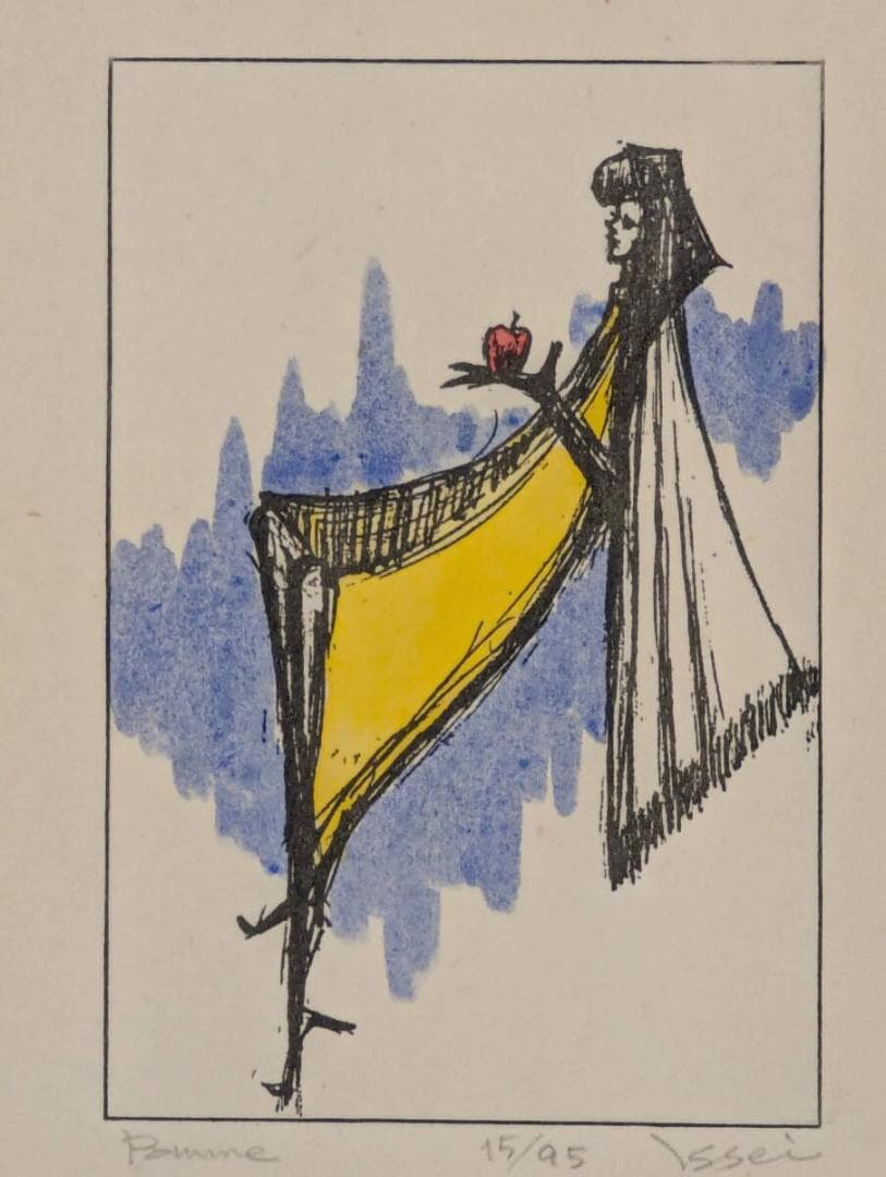 真作】版画 銅版画 Bonne 女性と林檎の幻想的シルエットアート Y60