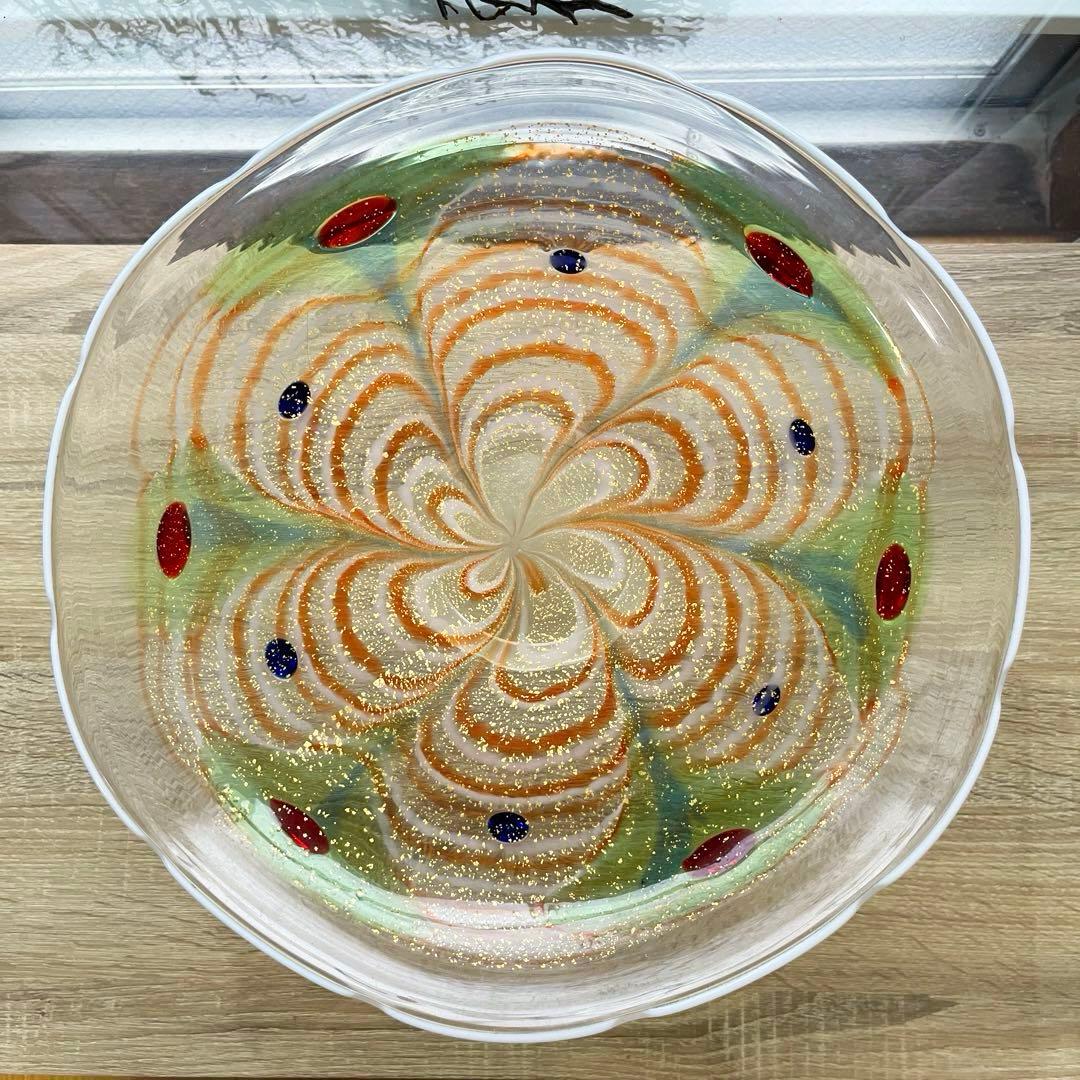 骨董 作家作品 象嵌 彩色 金彩釉 輪花 大皿 特大プレート 上野良樹