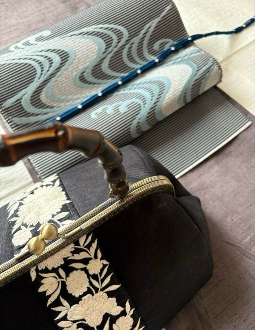 ❤️着物お出かけバンブーbag 気品溢れる大人Black 豪華刺繍上質リネン仕様