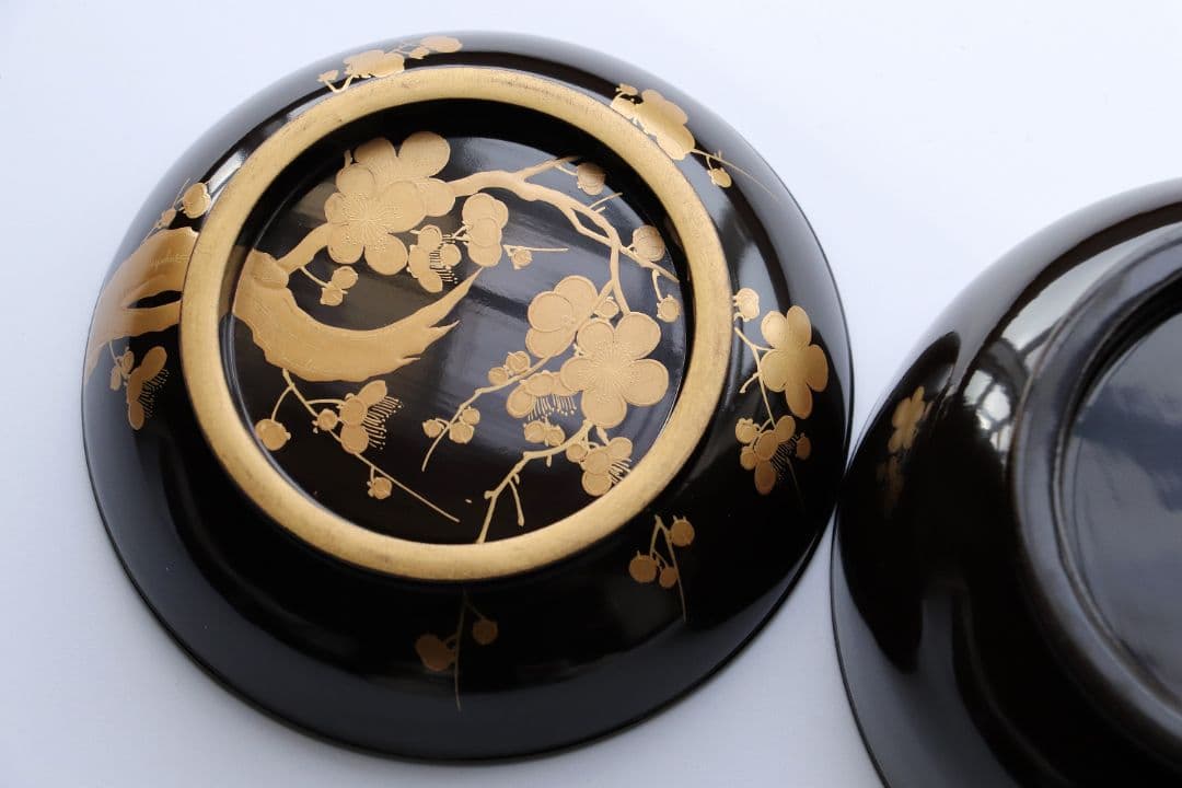 CG79 時代輪島塗 梅金蒔絵 金縁 黒塗椀 五客 木製漆器 / 懐石煮物吸物