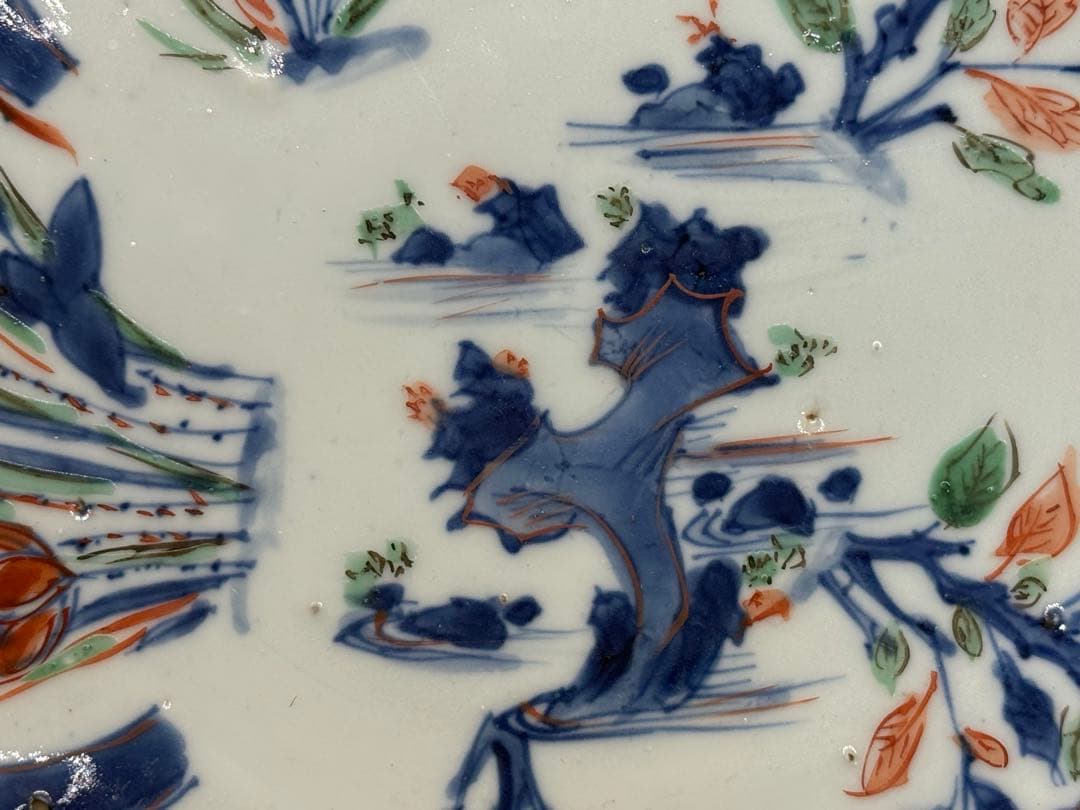 中国　明時代　南京赤絵草花捻文皿　青華五彩　共箱　アンティーク　送料込み1219