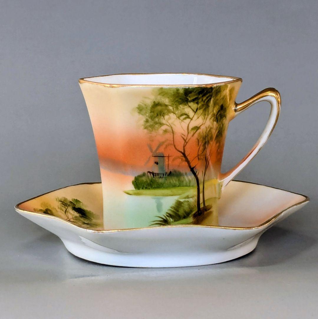 オールドノリタケ 金彩湖畔風景図　六角形ヘキサゴン　キャビネットカップ＆ソーサー