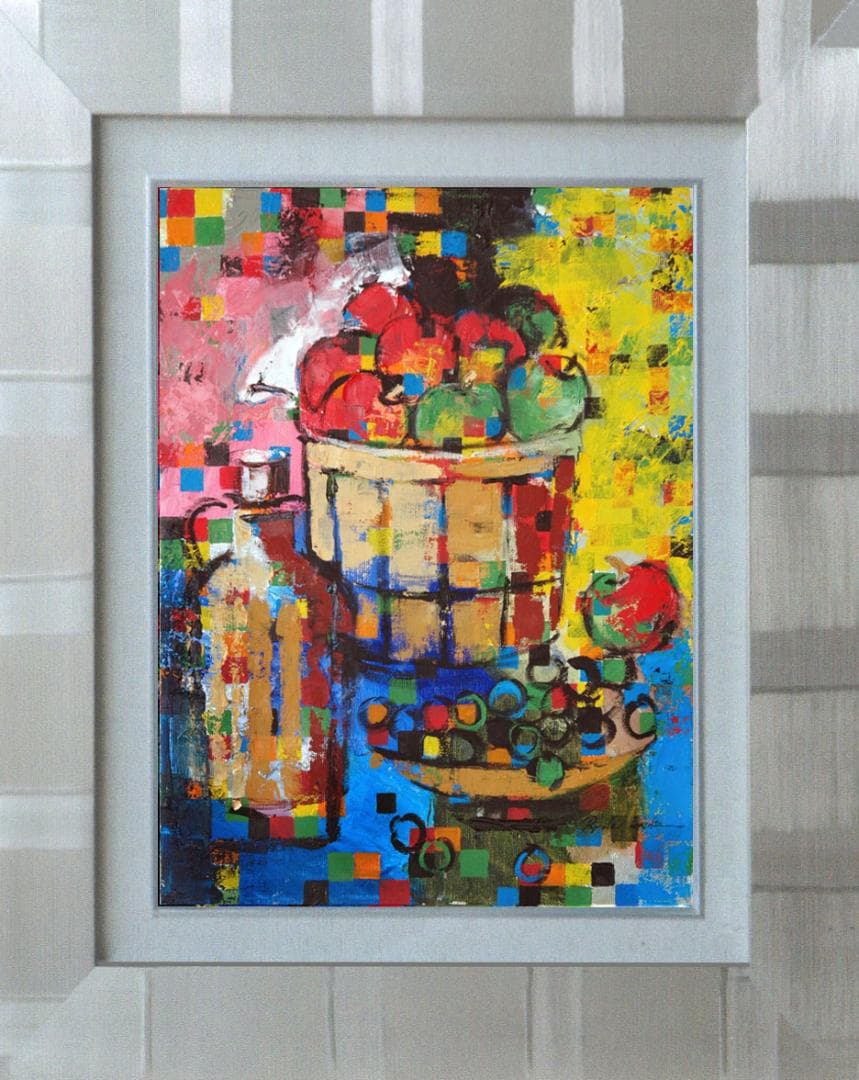 油絵 菅家令子絵 絵画インテリア額付(青緑＋金色の枠)uF6-063704果物瓶