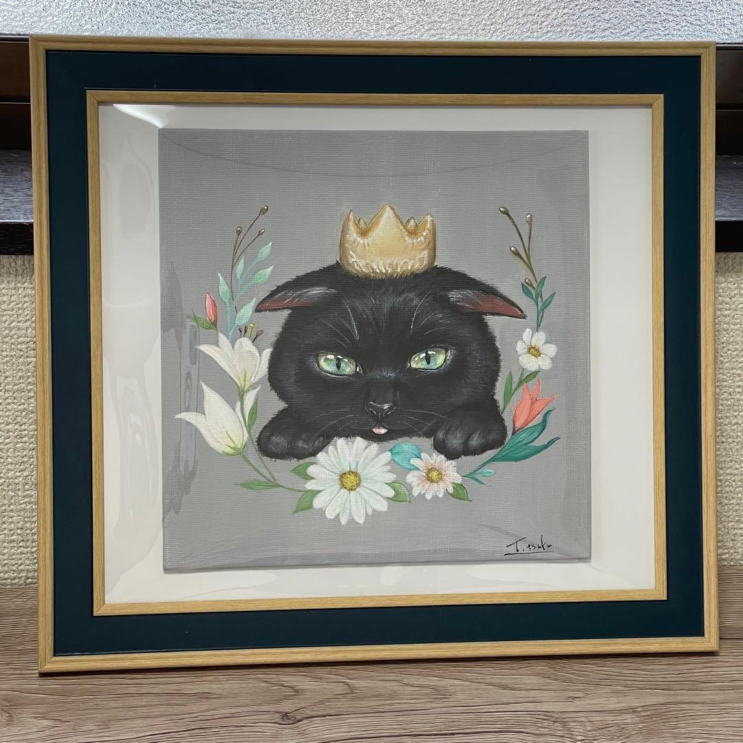 黒猫愛猫の誕生日アクリル画開運絵画