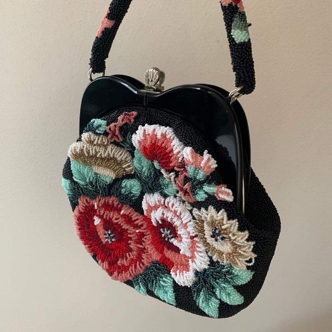 花柄　総ビーズ　ハンドバッグ　ビーズバッグ　和装　パーティ　昭和レトロ