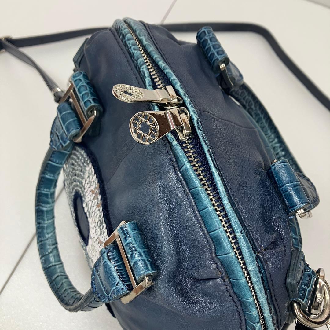 【美品】ムータ 2way ハンド ショルダーバッグ スパンコール 本革 ネイビー