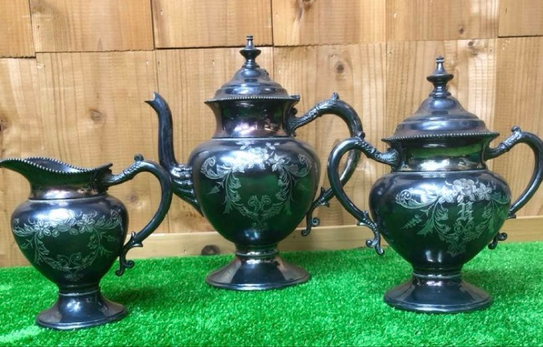 銀製ティーサーバー 金属製ティーポットセット 3点セット