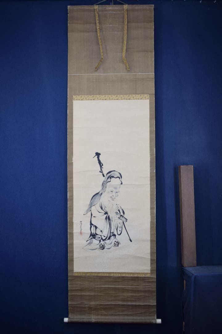 真作】狩野伊川院栄信/寿老人図/七福神の内/掛軸☆宝船☆Y-