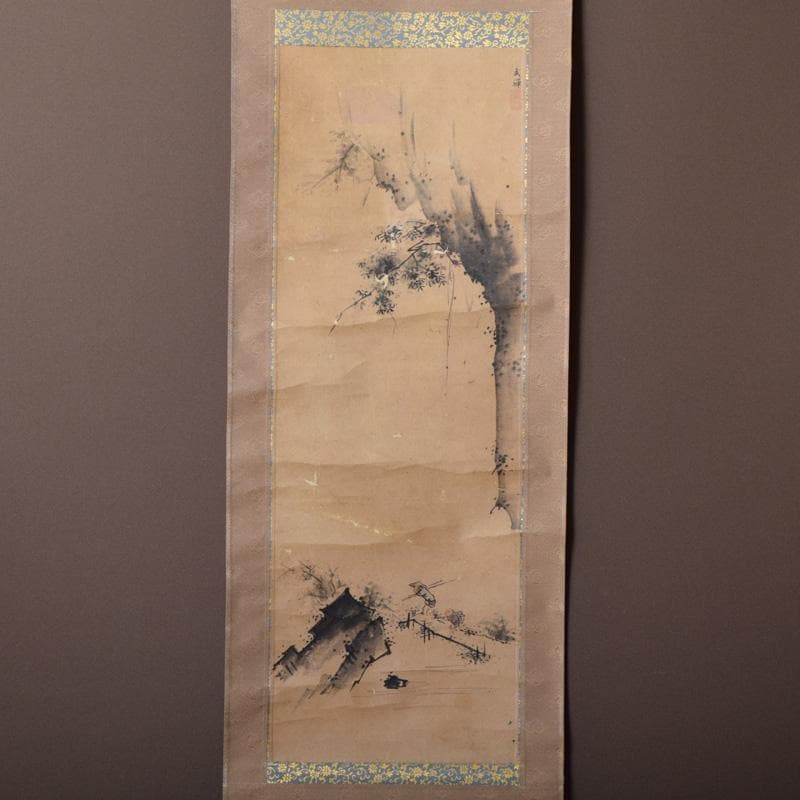 掛軸 古画 墨江武禅 山水人物図 C 7545A