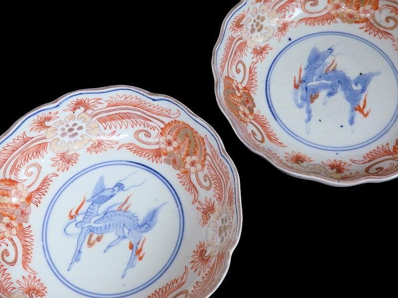 古伊万里 赤絵 草花紋に麒麟の図 膾皿 2客 D119AS-BVx