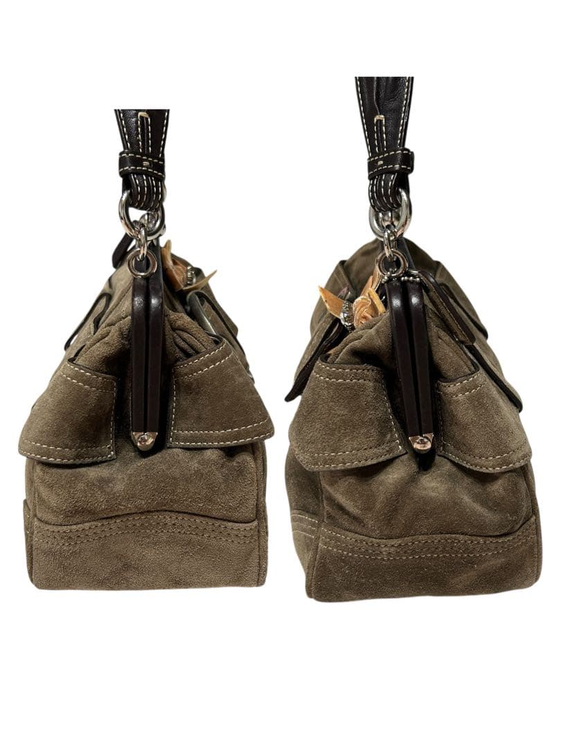 美品 コーチ がま口 ワンショルダー ソーホー ビジュー リボン スウェード 茶