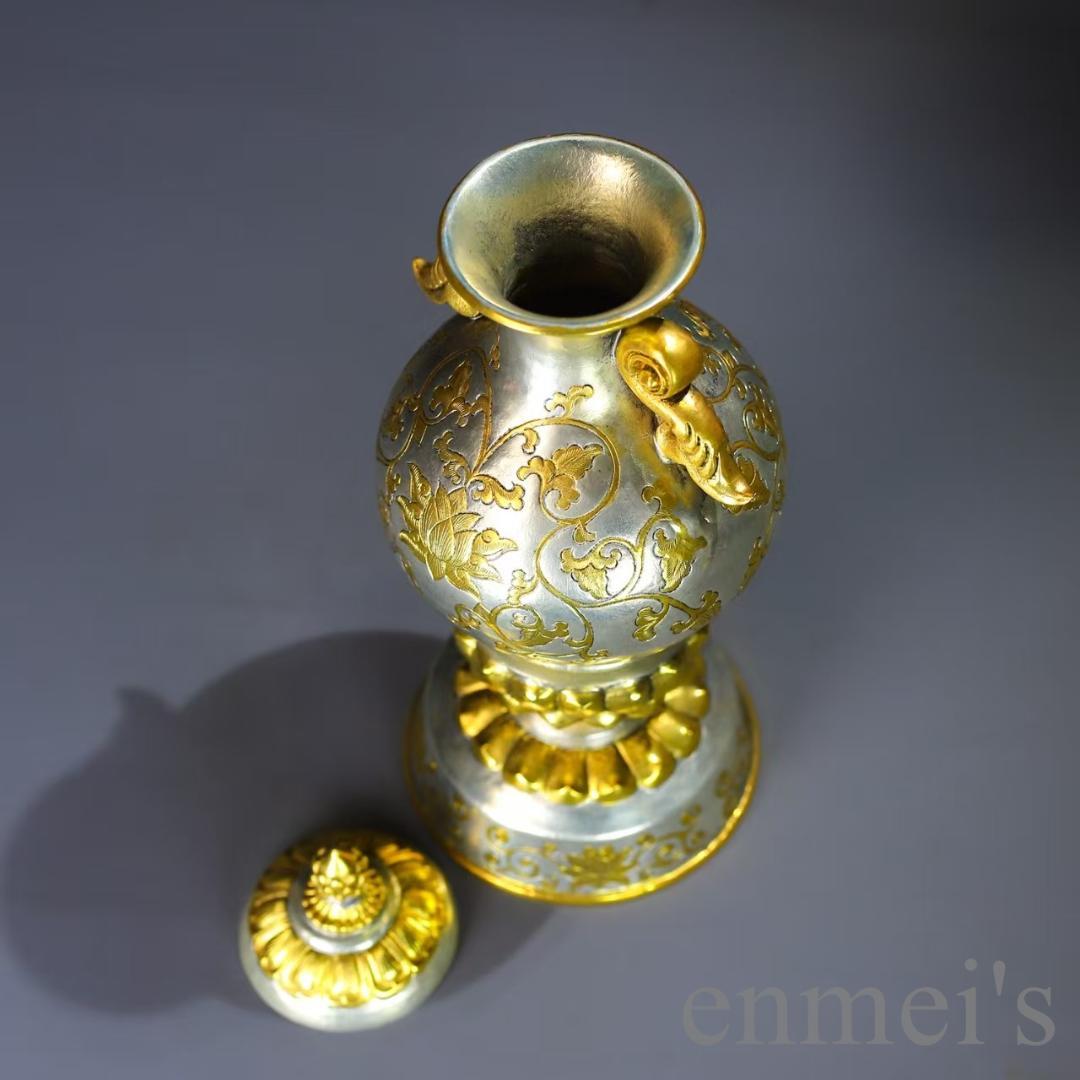 中国古美術 鍍金銅瓶 手彫り 鏨刻 描金 純銅製 花器 床の間飾り古賞物