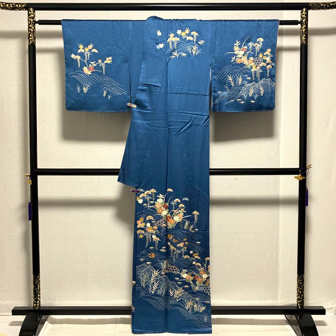 D74 訪問着 ブルー 一つ紋 花模様 正絹 着物 袷 しつけ糸付き未使用
