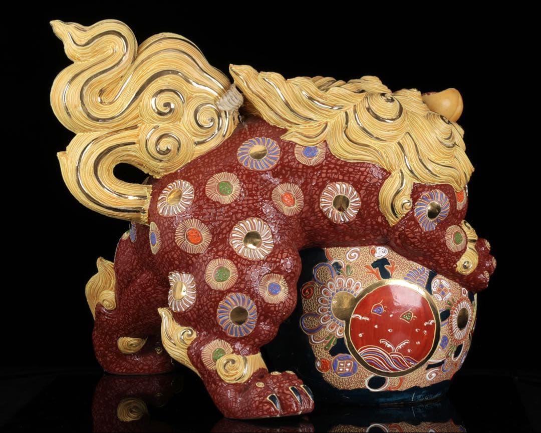 特大九谷焼】玉乗獅子狛犬 九谷銘 金彩色絵 縁起物 開運 高さ48cm