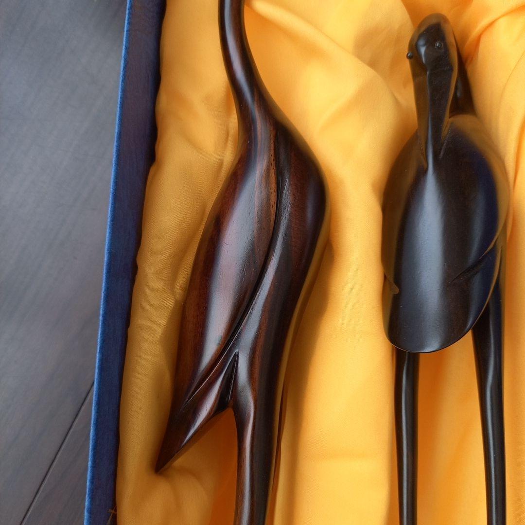 雙鶴呈祥 木製つるの彫刻 2点セット 美術品・アンティーク・コレクション