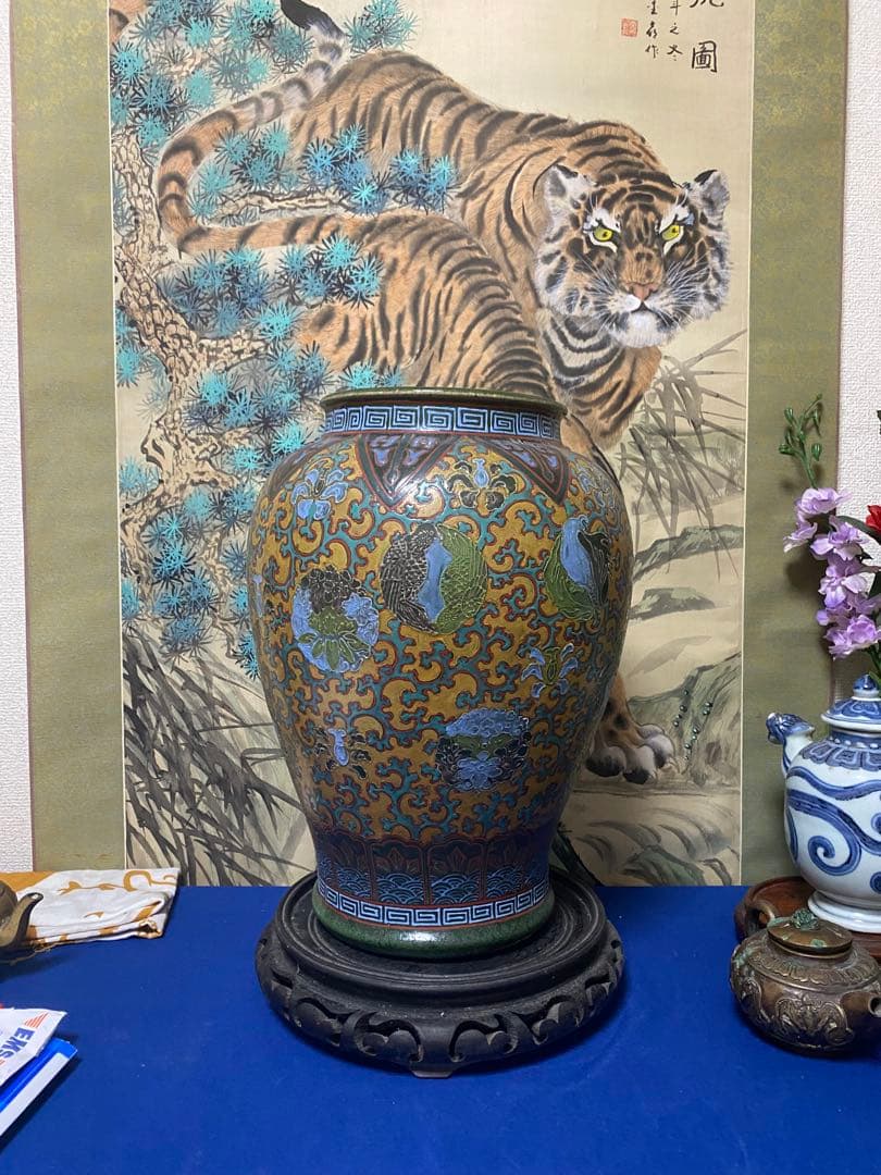 清朝 青金花柄陶器花瓶 時代保証 17世紀