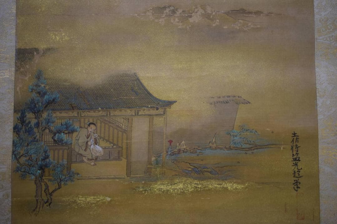 真作/土佐光起/山水人物図/布袋屋掛軸HH-24