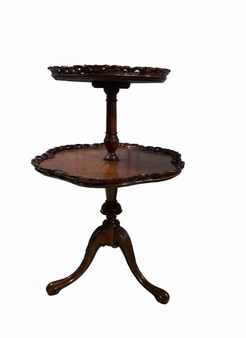 イギリスアンティーク2段テーブル マホガニー象嵌装飾透かし彫り