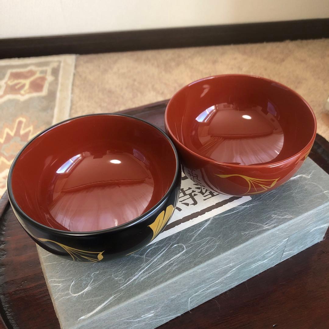 浄法寺塗　夫婦汁椀　銀杏紋　2客　うるみ工芸　天然木　専用箱　未使用品　美品