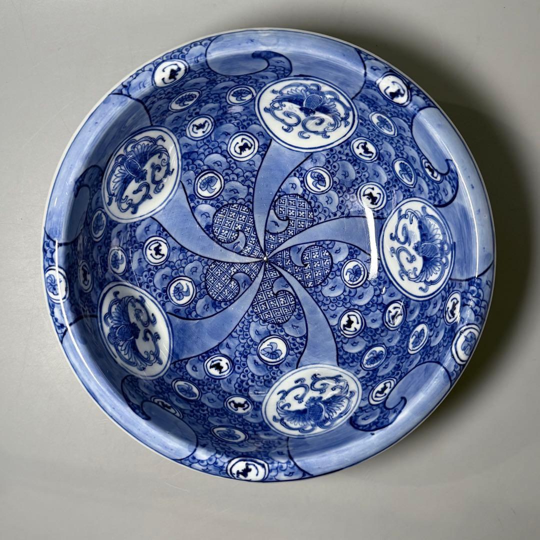 明治時代 大日本 肥碟山 山口製 染付祥瑞丸文様鉢 銘有り 直径26cm