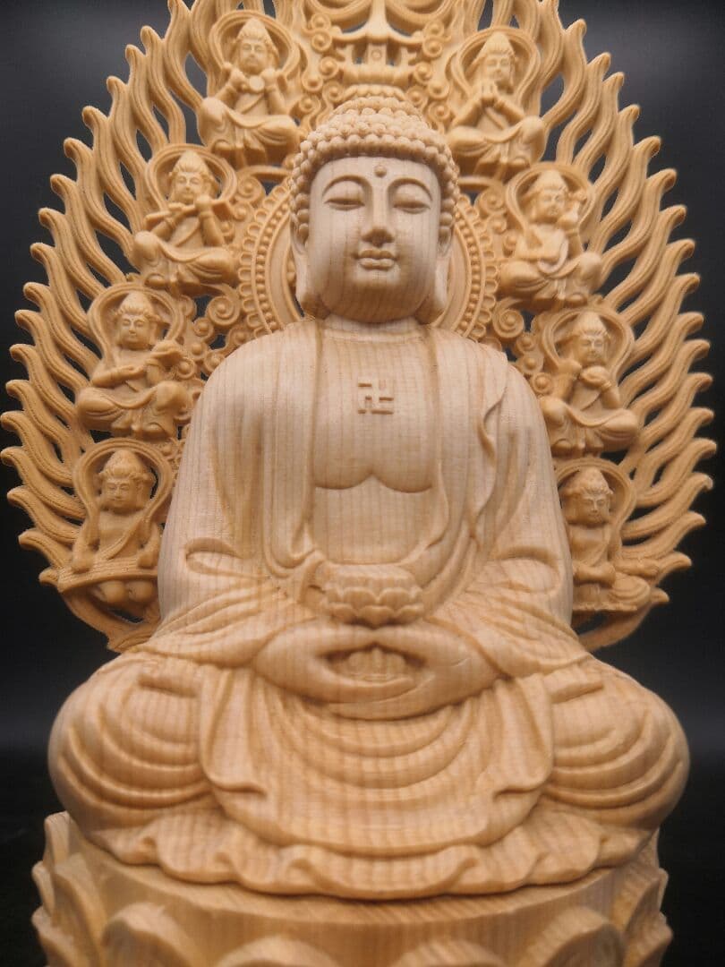 修縁堂】仏像 阿弥陀如来坐像 八角蓮華丸台座 木彫供養仏 仏教縁起物