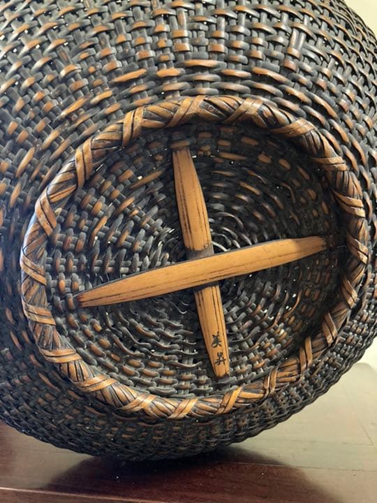 アンティーク竹編み籠 大型 花籠 在銘 美品
