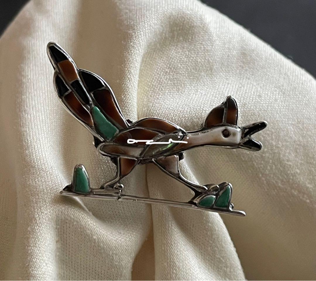 ヴィンテージ ズニ族 インレイ 鳥 ブローチ シルバー マルチストーン