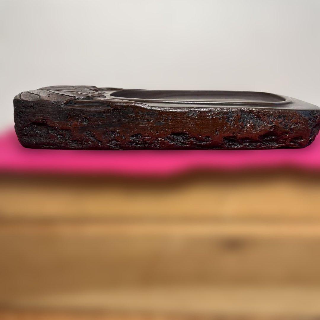 ⭕️赤間硯 龍泉堂 正隆 阿野硯製作所 蔦葉と蔓彫刻硯 珍しく縁内側高