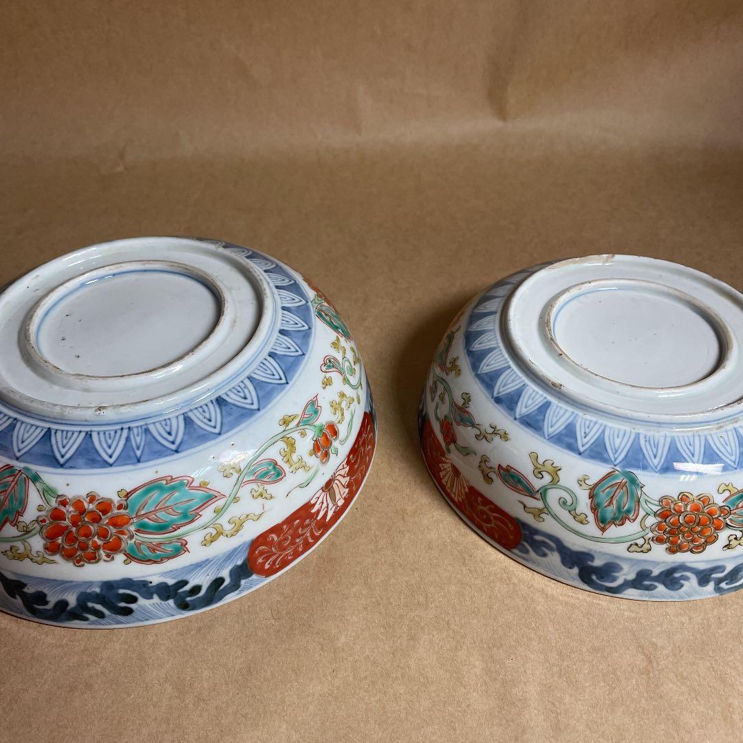 鉢2点 【m142 二重高台 伊万里 骨董 レトロ 深鉢 呉須色絵 染付】