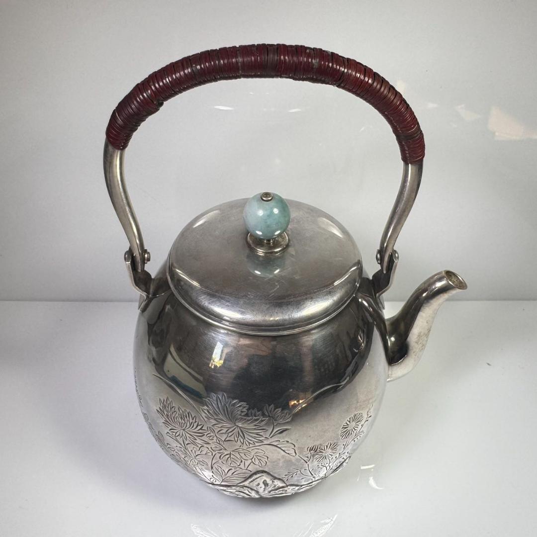 純銀製 鯉と蓮文 玉石摘 唐木手 急須 銀瓶 煎茶道具 煎茶