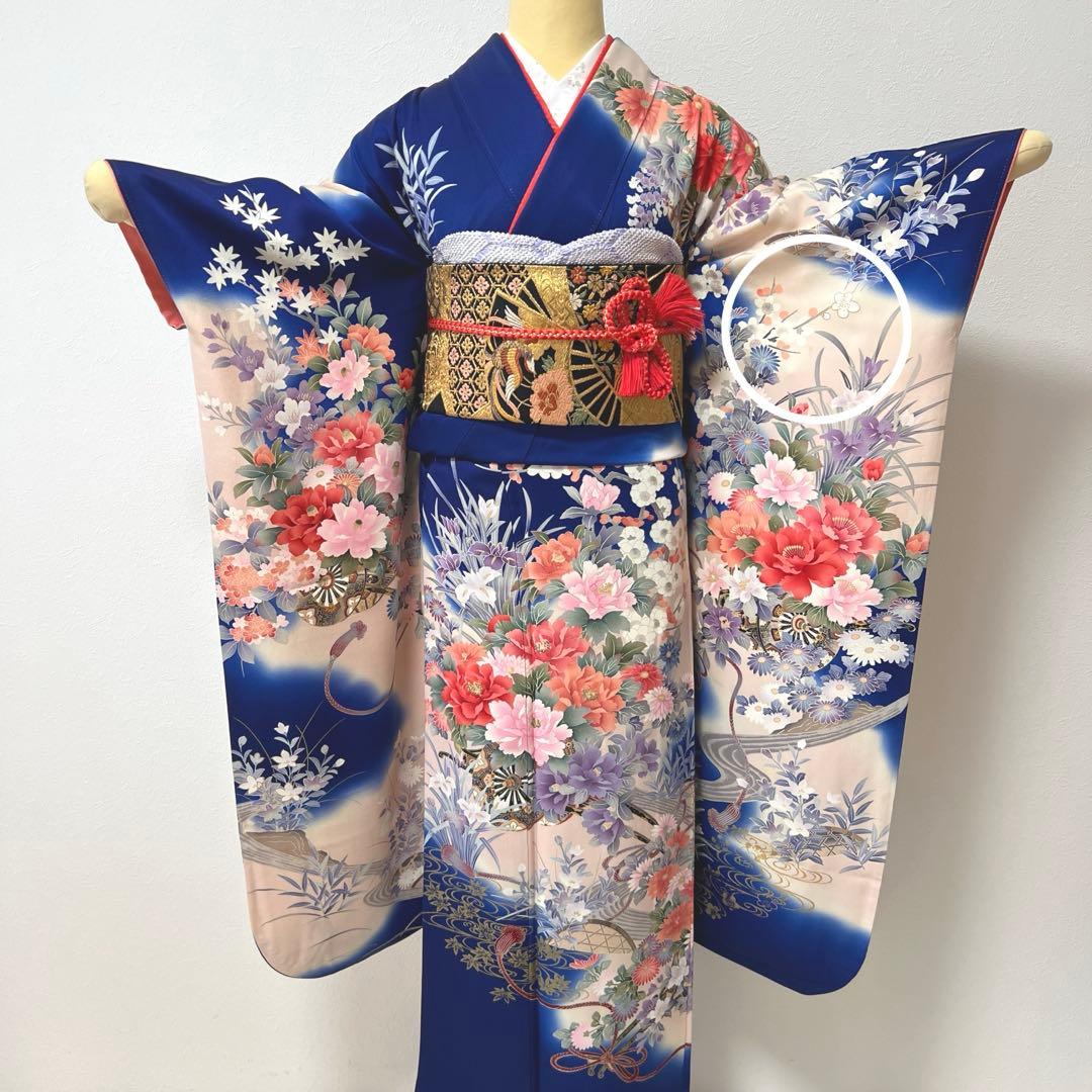 419 振袖フルセット 正絹 青 ブルー 金彩 刺繍 暈し染め